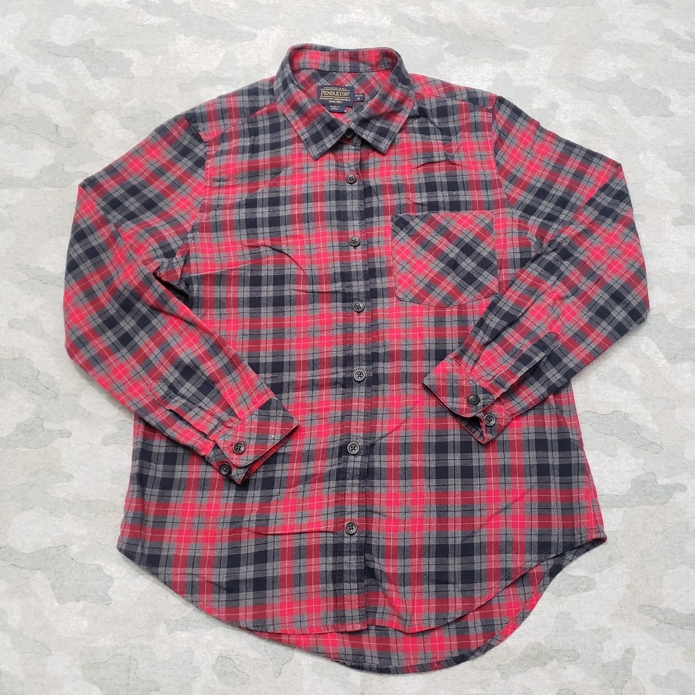 Pendleton Flannel Top Womens Small Petite Red Plaid Pockets Long Sleeve Button